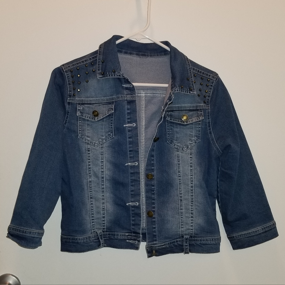 Brass Studded Medium Blue Jean Jacket 3/4 Sleeves